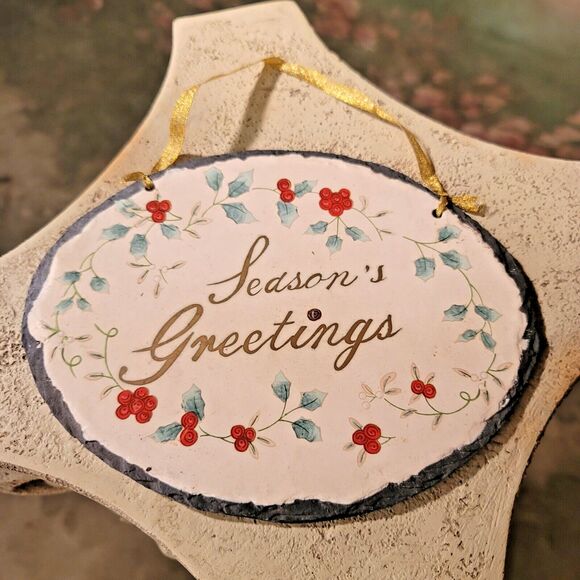 Slate Christmas Sign Hand Painted Oval Season's Greetings HollyBerry Gold Ribbon - Picture 1 of 3